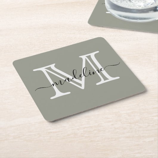 Modern Elegant Script Evergreen Fog Monogram Vierkante Kartonnen Onderzetter (Schuin)