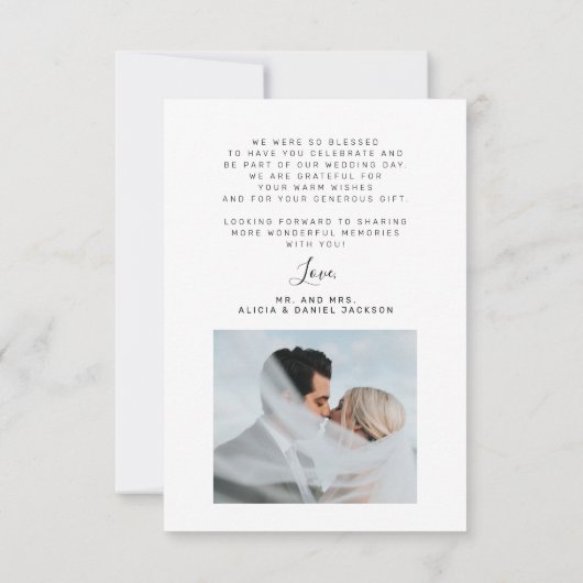 Modern elegant script foto zwart wit bruiloft bedankkaart (Achterkant)