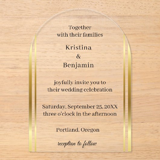 Modern Elegant Script gold wedding Acryl Uitnodigingen (Voorkant)