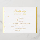 Modern Elegant Script Gold & White Wedding RSVP Folie Feestdagen Briefkaart (Voorkant)