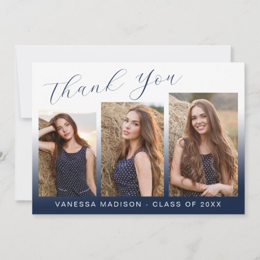 Modern Elegant Script Gradient Navy 3 Foto Afstude Bedankkaart (Voorkant)