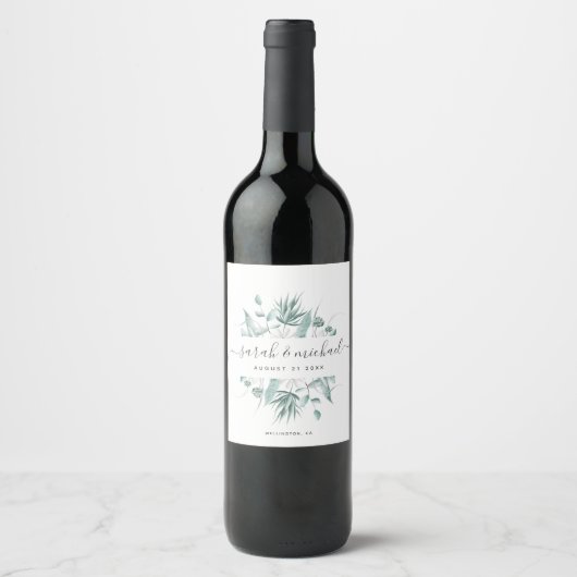 Modern Elegant Script groen bruiloft gunst Wijn Etiket (Voorkant)