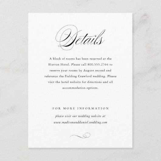 Modern Elegant Script Klassieke bruiloft Details Informatiekaartje (Voorkant)