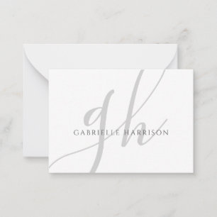 Modern Elegant Script Monogram Naam Zilver Grijs Notitiekaartje