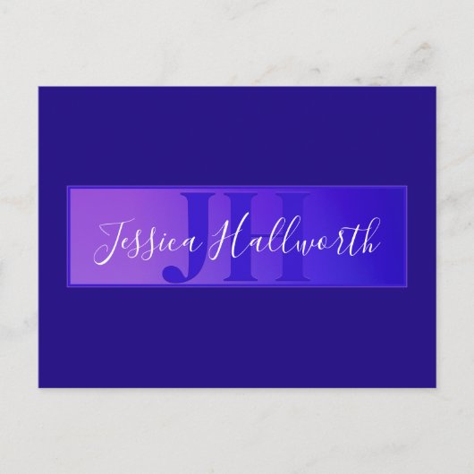 Modern Elegant Script Naam & Monogram Ombre Paarse Briefkaart (Voorkant)