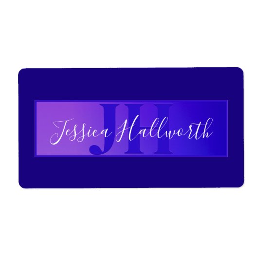 Modern Elegant Script Naam & Monogram Ombre Paarse Etiket (Voorkant)