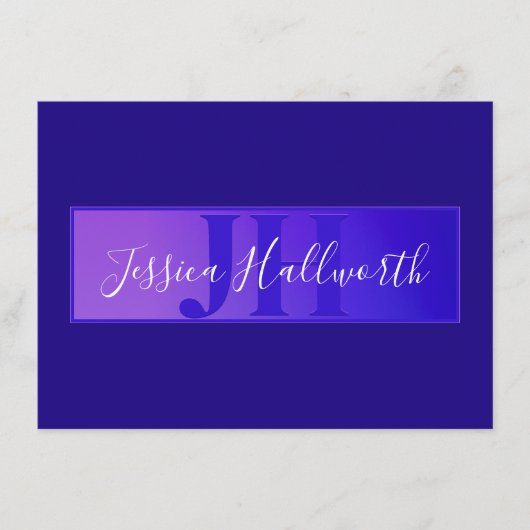 Modern Elegant Script Naam & Monogram Ombre Paarse Informatiekaartje (Voorkant)