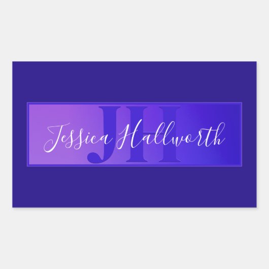 Modern Elegant Script Naam & Monogram Ombre Paarse Rechthoekige Sticker (Voorkant)