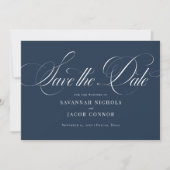Modern Elegant Script Navy Blue Save The Date (Voorkant)