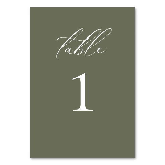 Modern Elegant Script Olijf Bruiloft Tafelnummer (Achterkant)