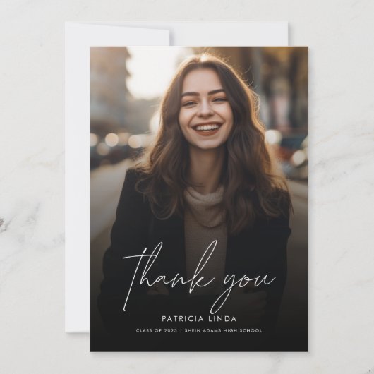 Modern Elegant Script Overlay Photo Afstuderen Bedankkaart (Voorkant)