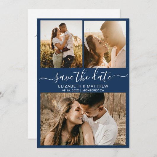 Modern Elegant Script Photo Collage Wedding Save The Date (Voorkant / Achterkant)