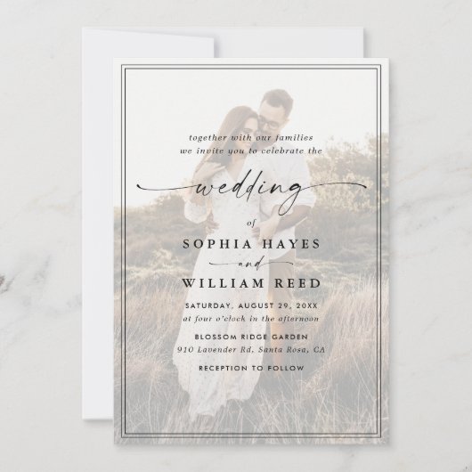 Modern Elegant Script QR Code Foto Budget Bruiloft Kaart (Voorkant)