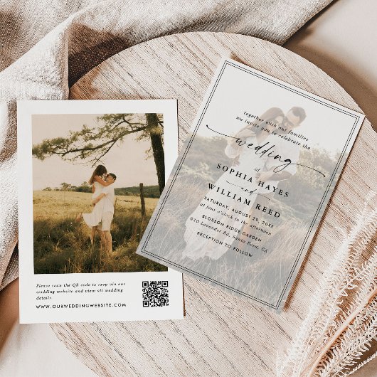 Modern Elegant Script QR Code Foto Budget Bruiloft Kaart