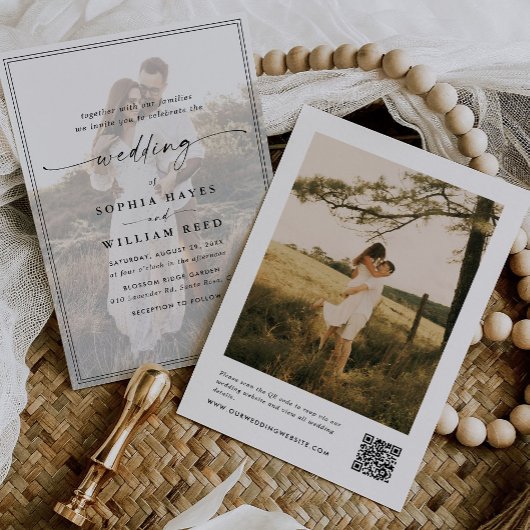 Modern Elegant Script QR Code Foto Budget Bruiloft Kaart