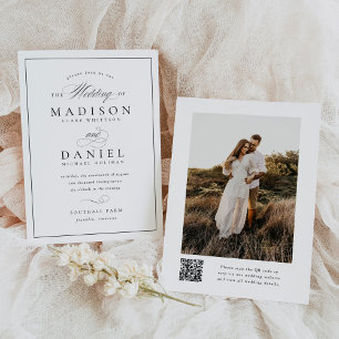 Modern Elegant Script QR Code Foto Budget Bruiloft Kaart