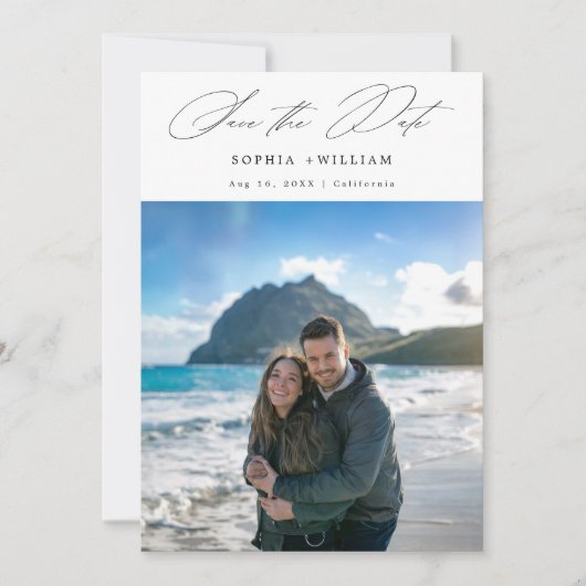 Modern Elegant Script Tropische Strand Foto Huweli Save The Date (Voorkant)