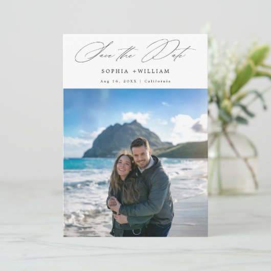Modern Elegant Script Tropische Strand Foto Huweli Save The Date (Staand voorkant)