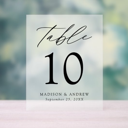 Modern Elegant Script Trouwtafel Nummer Frosted Acryl Bord (Neutraal)