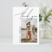 Modern Elegant Script Typography Photo Wedding Bedankkaart (Staand voorkant)