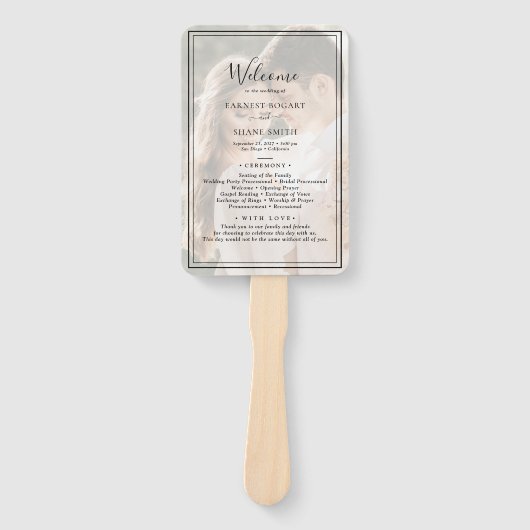 Modern Elegant Script Vellum Photo Wedding Program Handwaaier (Voorkant)