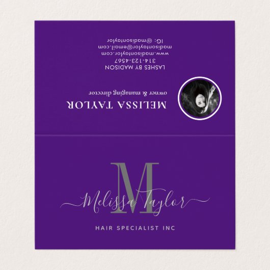 Modern Elegant Script Violet Folded Visitekaartje (Buitenkant ongevouwen)