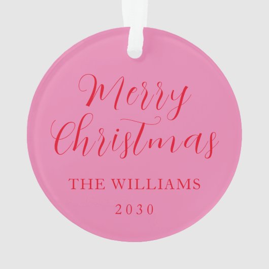 Modern elegant script Vrolijk kerstroze rood Ornament (achterkant)