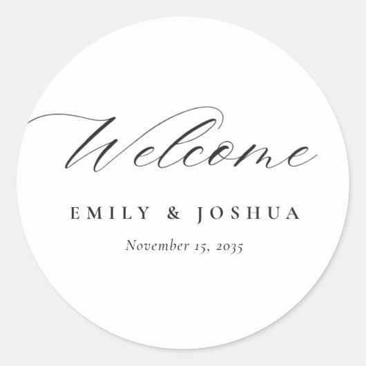 Modern Elegant Script Weddenschap Welkom Ronde Sticker (Voorkant)