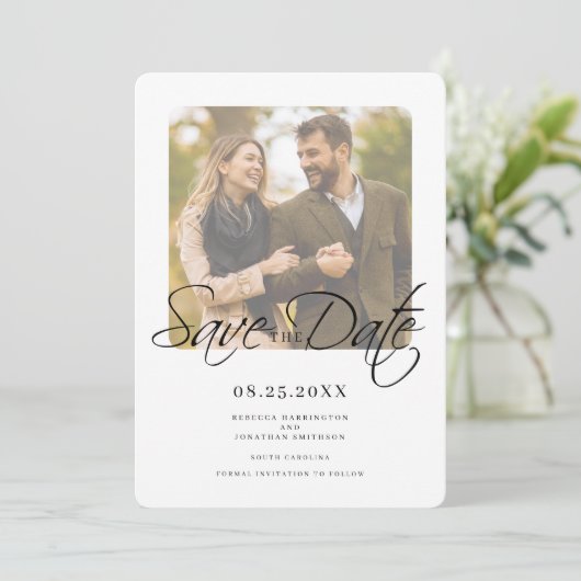 Modern Elegant Script Wedding Photo Save The Date (Staand voorkant)
