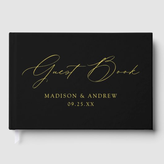 Modern Elegant Script Zwart Bruiloft Gastenboek (Voorkant)