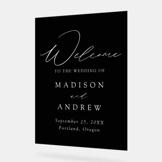 Modern Elegant Script Zwart Bruiloft Welkom Acryl Bord (Hoek)