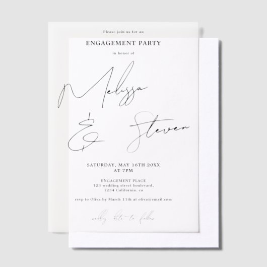 Modern Elegant Script Zwart Wit Verloving Vellum Uitnodigingen (Offset)