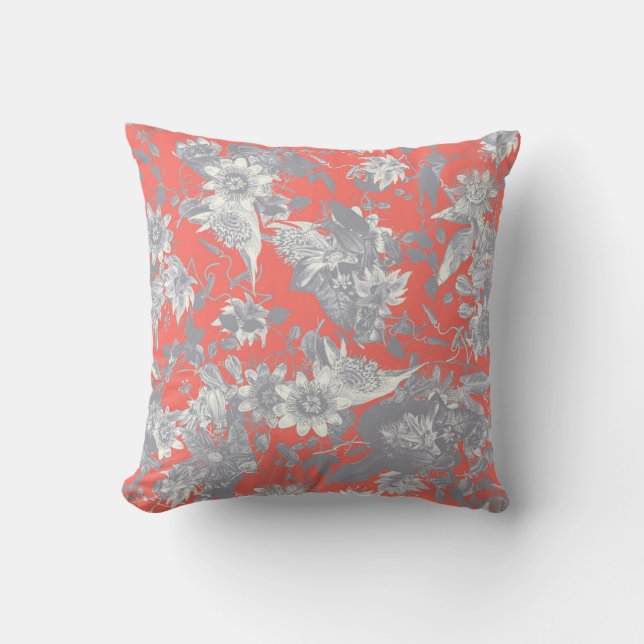 Modern Elegant Silver Gray Coral Passion Flowers Kussen (Voorkant)