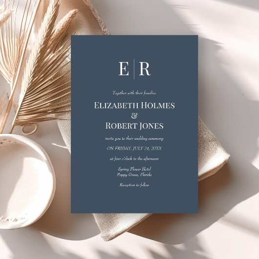 Modern Elegant Slate Blue Monogram Bruiloft Kaart