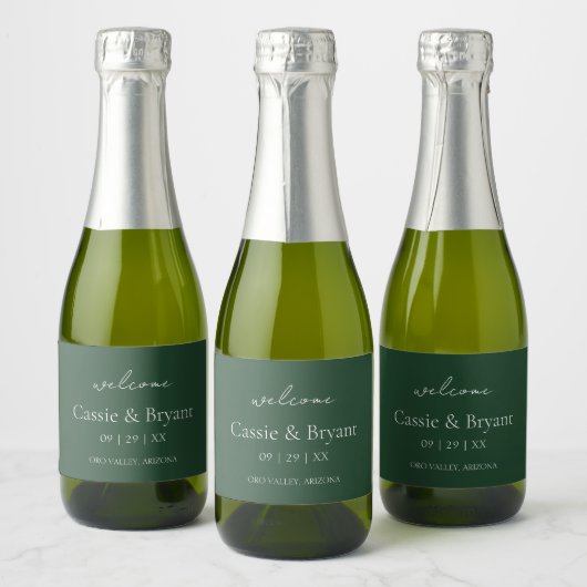 Modern Elegant Smaragd Groen Bruiloft Welkom Gift Sparkling Wijnetiket (Flessen)