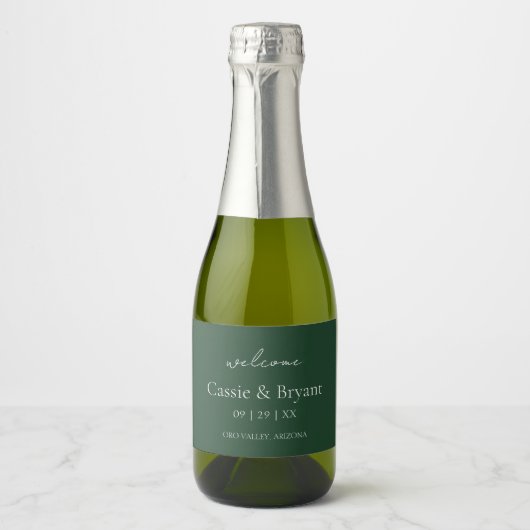 Modern Elegant Smaragd Groen Bruiloft Welkom Gift Sparkling Wijnetiket (Voorkant)