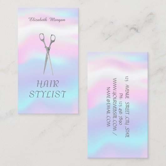 Modern elegant stijlvol holografisch, schaar visitekaartje (Voorkant / Achterkant)
