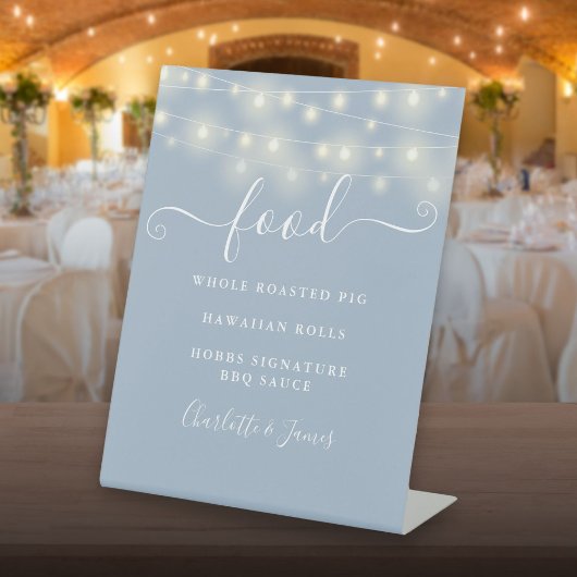 Modern Elegant String Lights Dusty Blue Food Menu Reclamebord Met Voetstuk