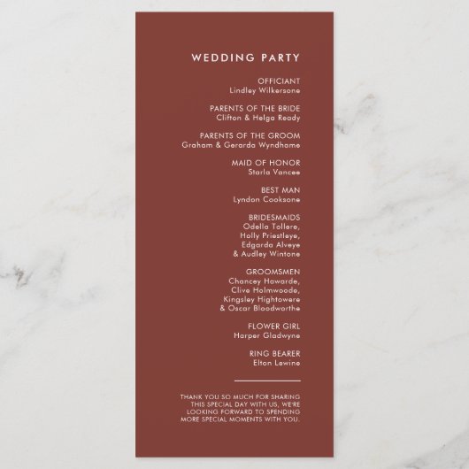 Modern elegant terracotta bruiloft programma (Achterkant)