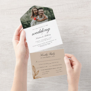 Modern Elegant Terracotta met leves Wedding All In One Uitnodiging
