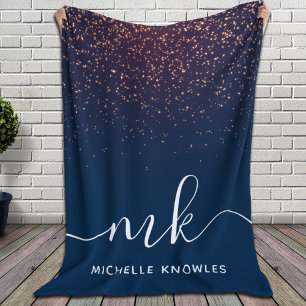 Modern Elegant Trendy Navy Glitter Monogram Fleece Deken