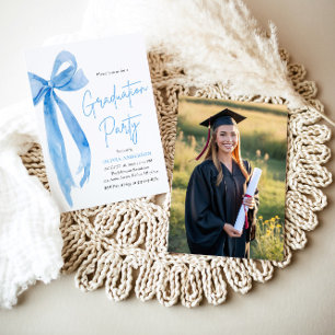 Modern Elegant Trendy Stijlvol Blue Bow Afstuderen Kaart