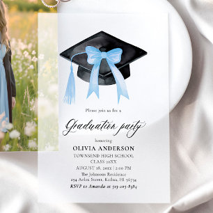 Modern Elegant Trendy Stijlvol Blue Bow Afstuderen Vellum Uitnodigingen