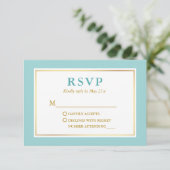 Modern Elegant Turquoise Blauw Wit Goud RSVP Kaartje (Staand voorkant)