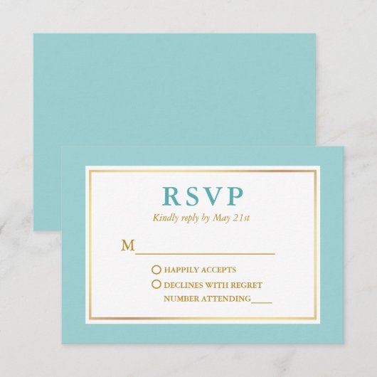 Modern Elegant Turquoise Blauw Wit Goud RSVP Kaartje (Voorkant / Achterkant)