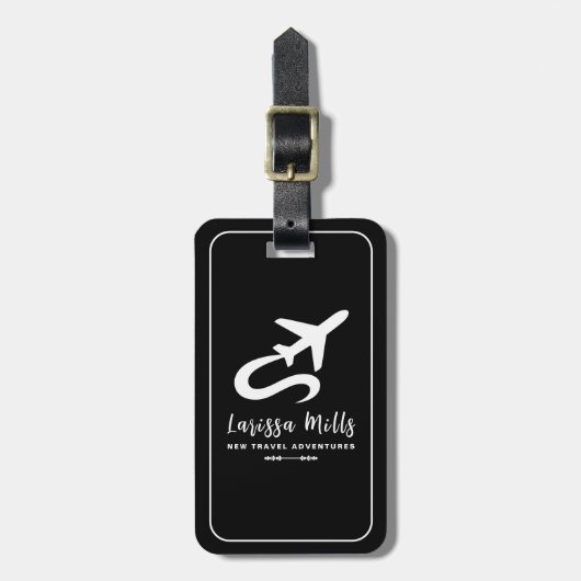 Modern Elegant Vliegtuig Zwart Wit Bagagelabel (Voorkant verticaal)