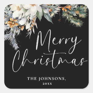 Modern Elegant Vrolijk Kerstfeest Custom Botanical Vierkante Sticker