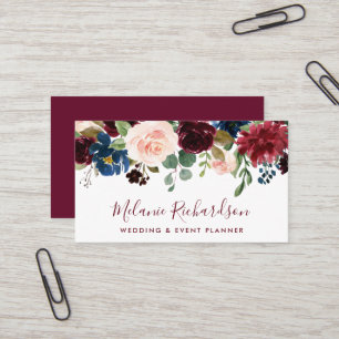 Modern Elegant Waterverf Burgundy Blue Floral Visitekaartje