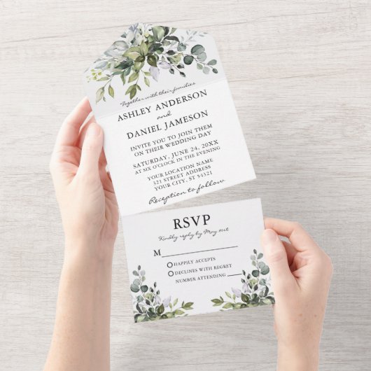 Modern Elegant Waterverf Greenery Wedding All In One Uitnodiging (Afscheurbaar)