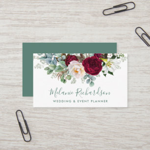 Modern Elegant Waterverf Groen Bourgondië Bloemen Visitekaartje